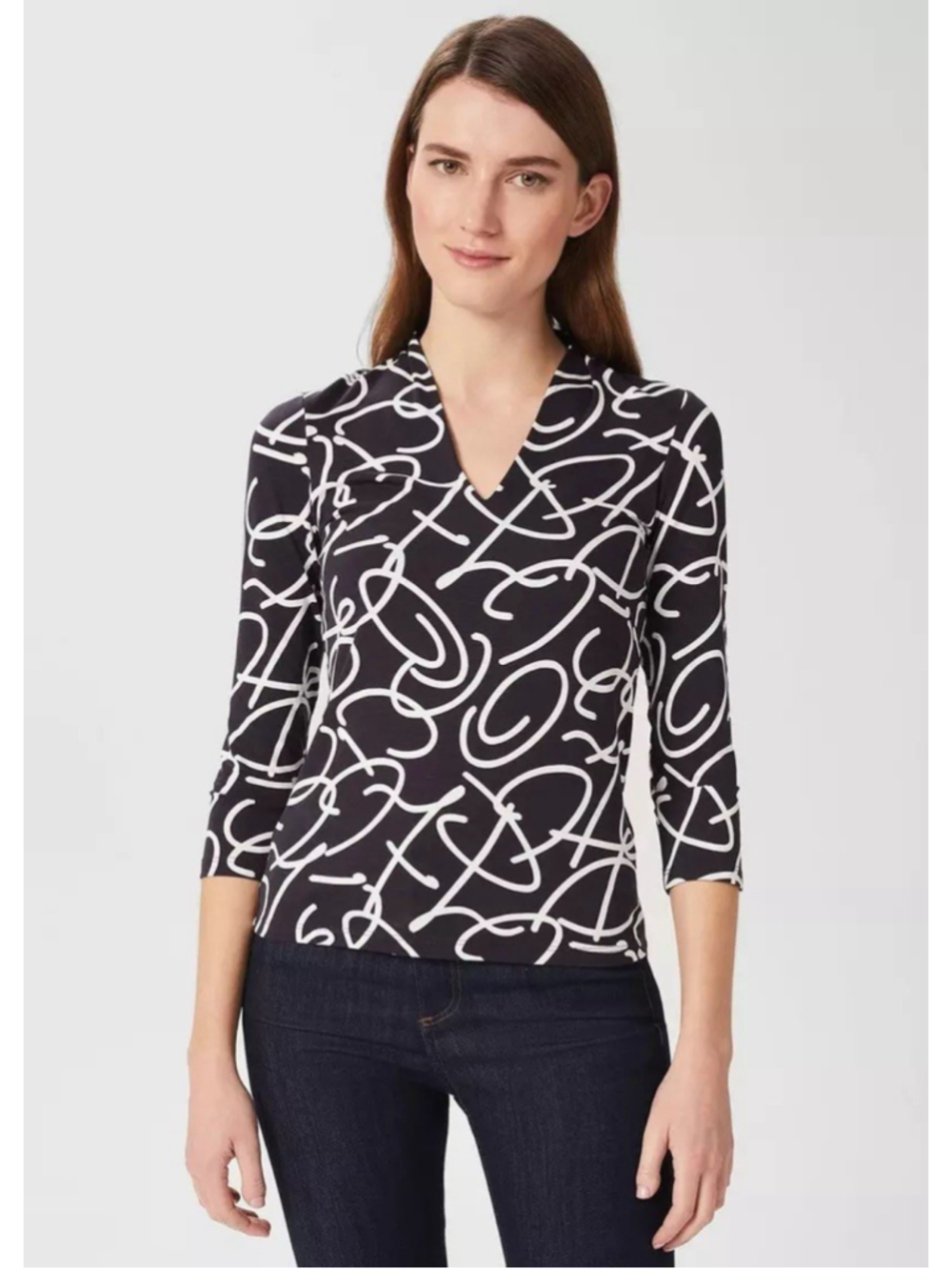 Hobbs London Aimee Printed Top M Navy Ivory Office Business Career Abstract Art